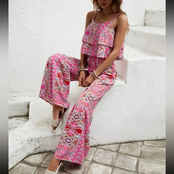 Boho Floral Paisley Ruffle Print Wide Leg Palazzo Pants Crop Cami Top Set Pink - Picture 5 of 9